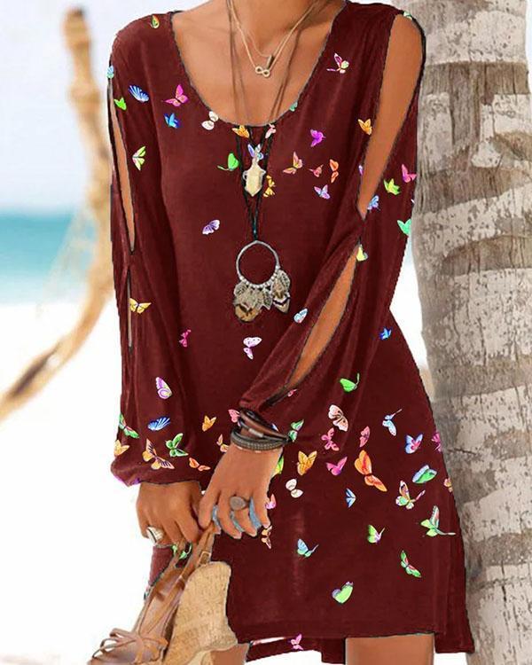 Butterfly Print Cold Shoulder Long Sleeve Casual Vacation Dresses