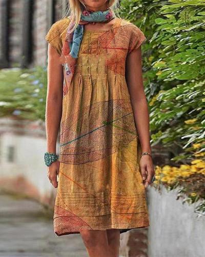 Vintage Casual Leaves Print Linen Women Dresses
