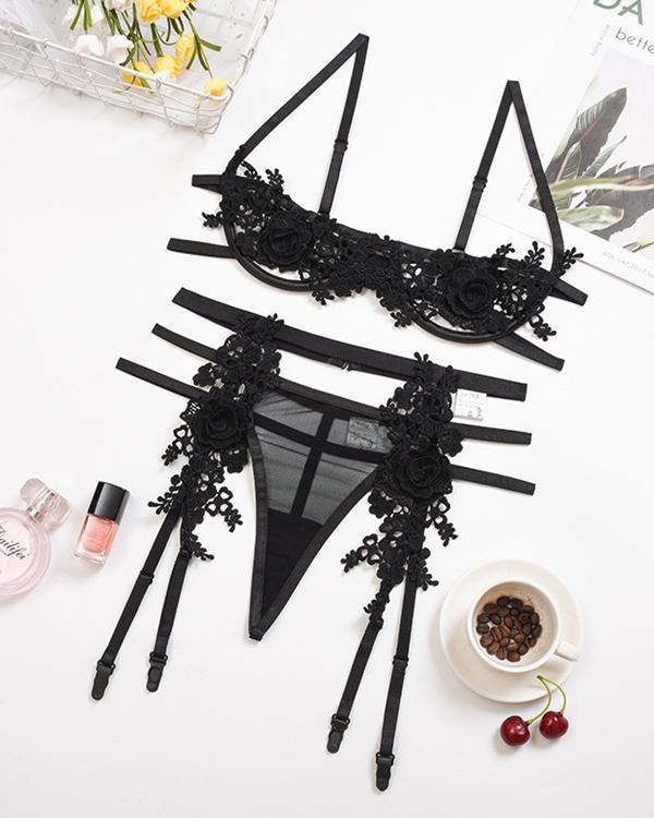 Black Flower Embroidered Net Lingerie Set