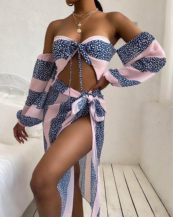 Off Shoulder Polka dot Print Cutout One Piece Swimsuit With Cover Up