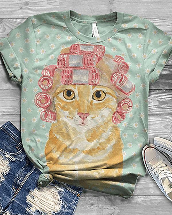 Women's Cute Cat Animal Printed Short Sleeve T-shirt
