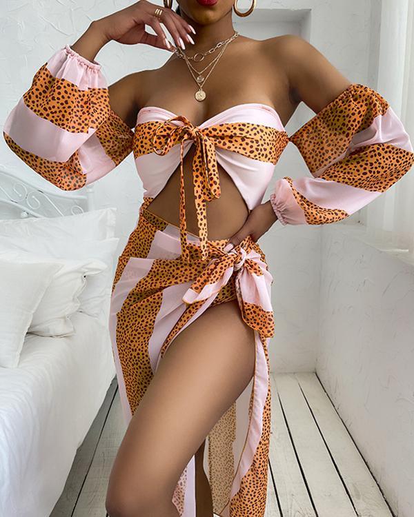 Off Shoulder Polka dot Print Cutout One Piece Swimsuit With Cover Up