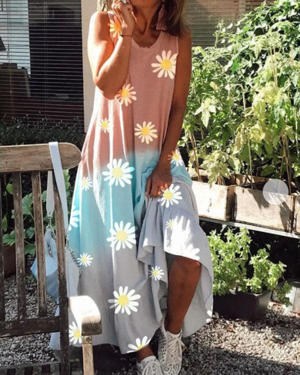 Sunflower Gradient Color Comfy Round Neck Sleeveless Maxi Dress