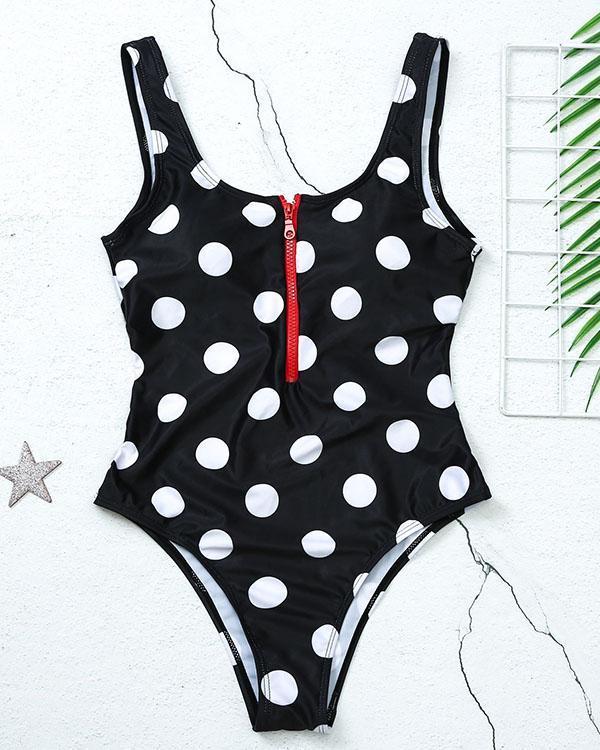 Dot/Star/Fruit Print Front Zipper One Piece Women's Swimsuit