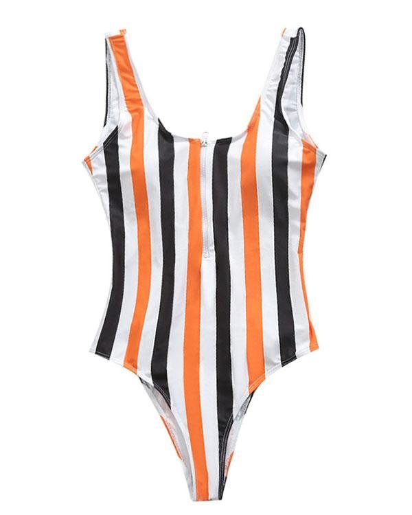 Stripe Front Zipper One Piece Women's Swimsuit