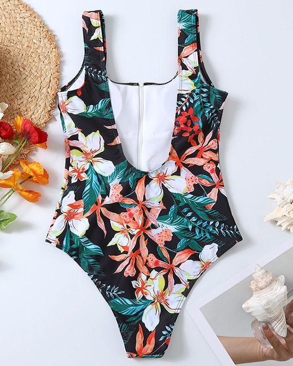 Flower Leaves Print Front Zipper One Piece Women's Swimsuit