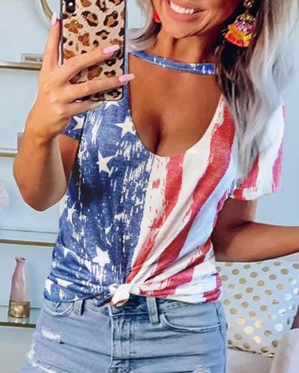 American Flag Star Hollow Out Blouse