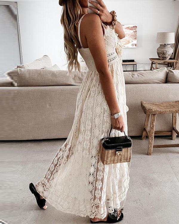 Lace Solid Tassel Sleeveless A-line Slip/Skater Casual Maxi Dresses