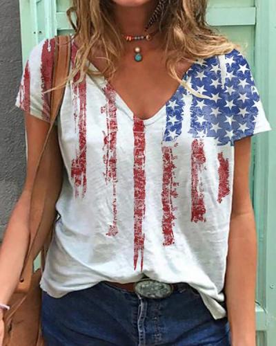 American Flag Printed Short Sleeve V-neck T-shirt