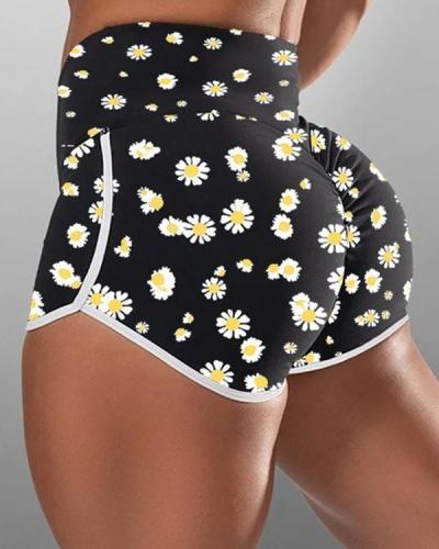 Daisy Print High-waist Hip-wrapped Running Shorts