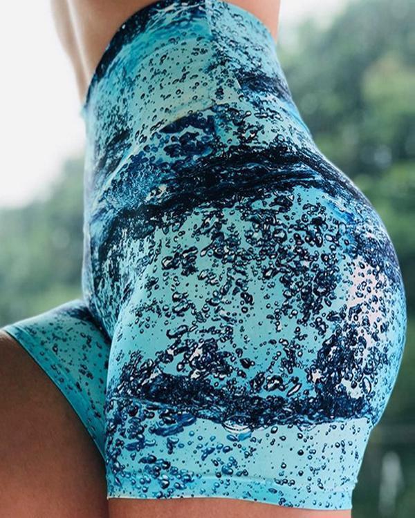 Blue Dew Print High Waist Sporty Shorts