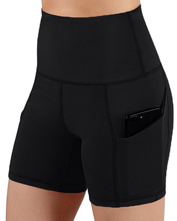 Solid High Waist Pocket Yoga Shorts