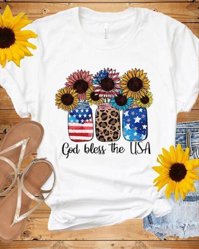 God Bless The USA  American Flag Sunflower T-shirt