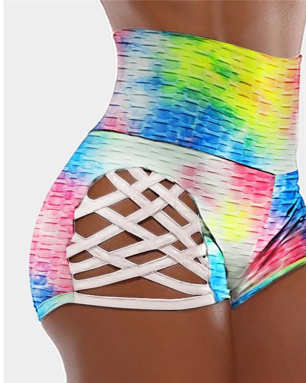 Colorblock Bubble Textured Bandage Cutout High Waist Shorts