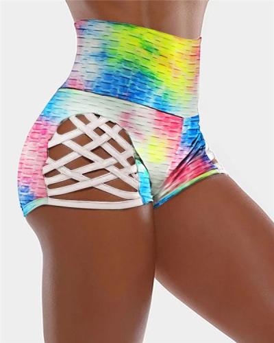 Colorblock Bubble Textured Bandage Cutout High Waist Shorts