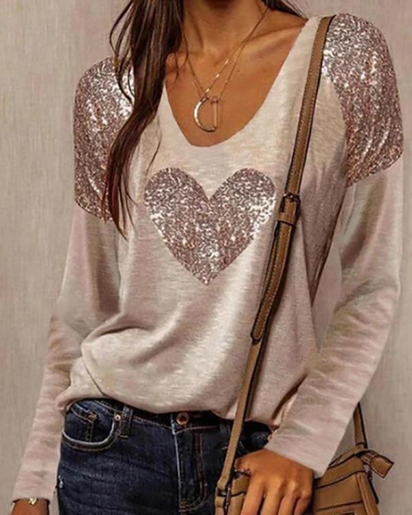 Sequins Round Neck Long Sleeves Casual Blouses