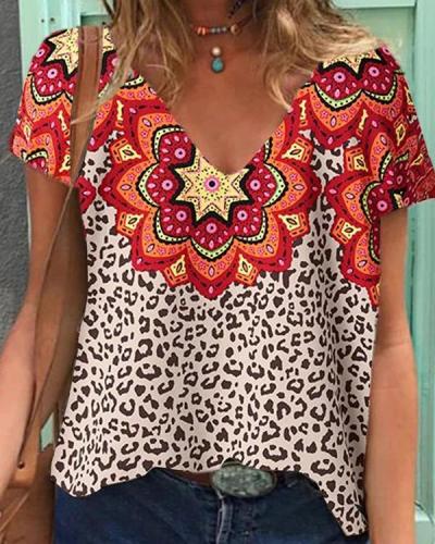 Leopard Floral Tribal Short Sleeve V Neck Casual Daily T-shirts