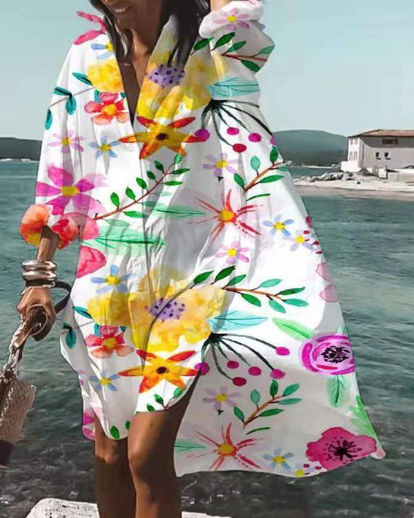 Summer Women Loose V Neck Button Dress