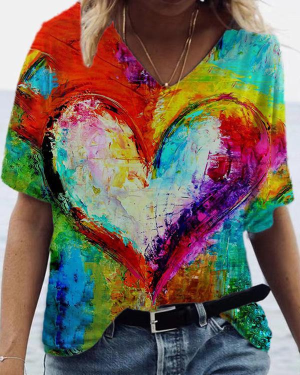 Heart-Shaped V-neck Graphic Tees