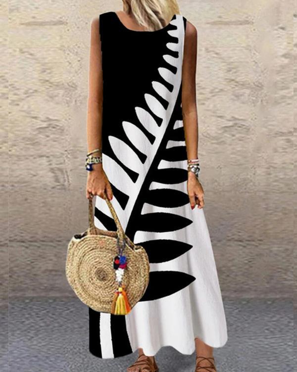 Geometric Printed Sleeveless O-neck Casual Dress