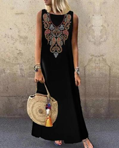 Black Printed Sleeveless O-neck Casual Dress