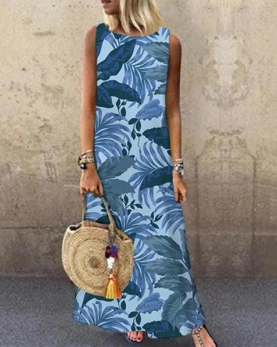 Leaf Printed Sleeveless O-neck Casual Dress