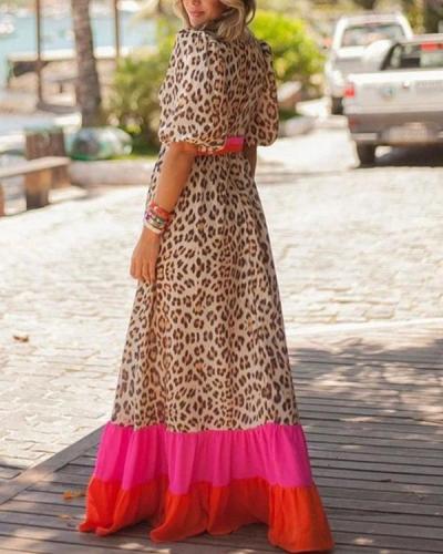 Deep V-Neck Leopard Color Block Maxi Dress