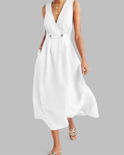 Commuting V Neck Pleated Solid Colour Button Dress