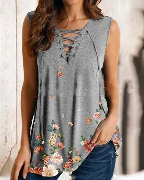 Floral Print Lace up V Neck Tank Shirt&Top