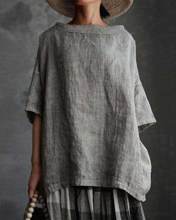 Women Boat Neck Half Sleeve Solid Loose Plus Size Casual Linen Tops