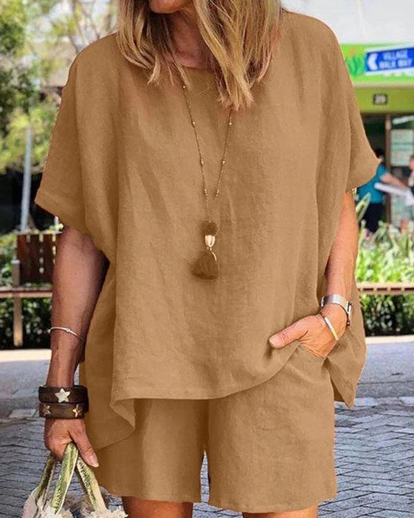 Casual Loose Pure Color Crew Neck Blouse Shorts Two-piece Set