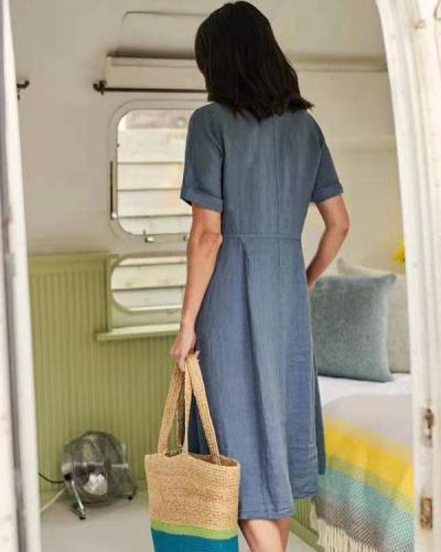 Casual Button up Solid Color Loose V-neck Linen Dress