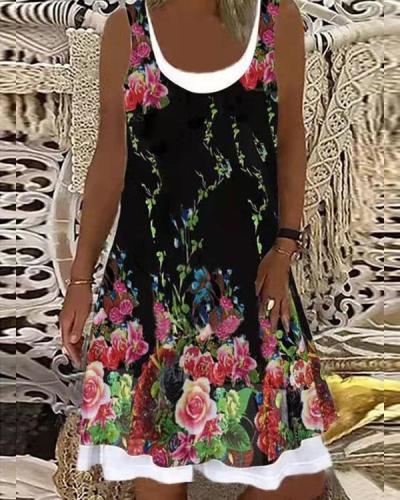 Vintage Flower Digital Print Patchwork Midi Dress