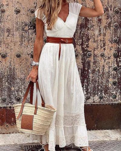Classy Vacation V Neck Solid Color Maxi Dresses With Waistband
