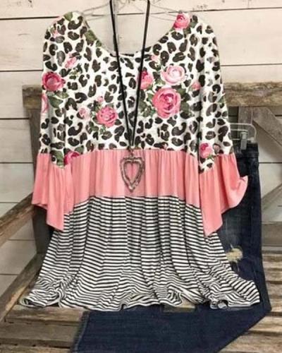 Floral Striped Leopard 3/4 Sleeve Round Neck Tunic Blouse