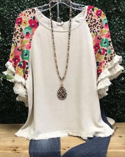 Flower-Print Crew Neck Cotton-Blend Short Sleeve Shirts & Tops