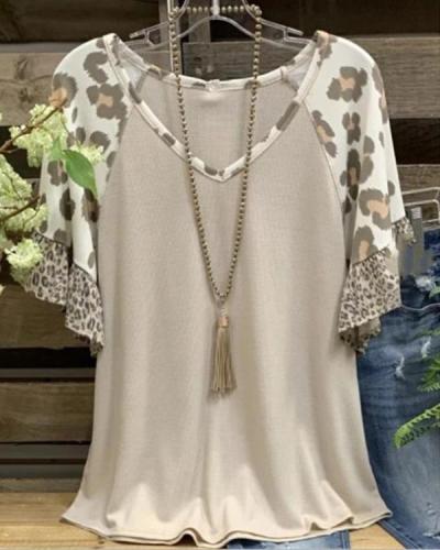 V Neck Leopard Cotton Short Sleeve Shirts & Tops