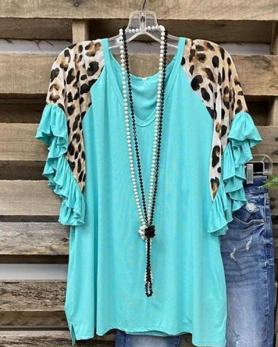 Leopard V Neck Cotton-Blend Shirts & Tops