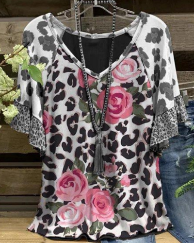 Cotton-Blend Short Sleeve Floral-Print Shirts & Tops