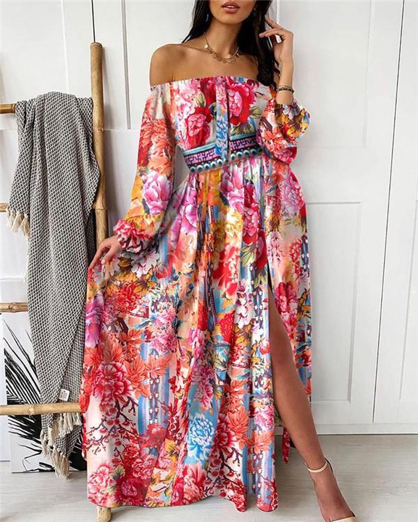 Print Long Sleeves A-line Casual Maxi Dresses
