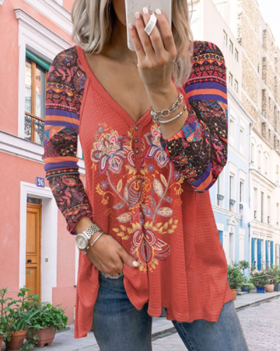 Red Tribal Printing Buttoned V-neck Vintage Long Sleeve T-shirt