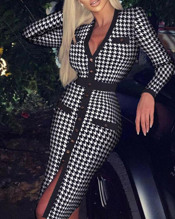 Houndstooth/Rhombus Print Long-sleeved V-neck Button Bodycon Dress