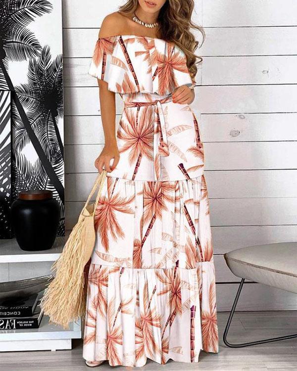 Women Off Shoulder Butterfly Sleeves Print Maxi Dresses