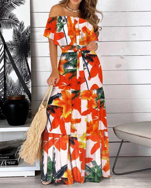 Women Off Shoulder Butterfly Sleeves Print Maxi Dresses