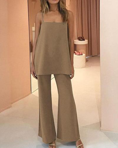 Casual Pure Color Spaghetti Strap Daily Suit Flare Pants Sets