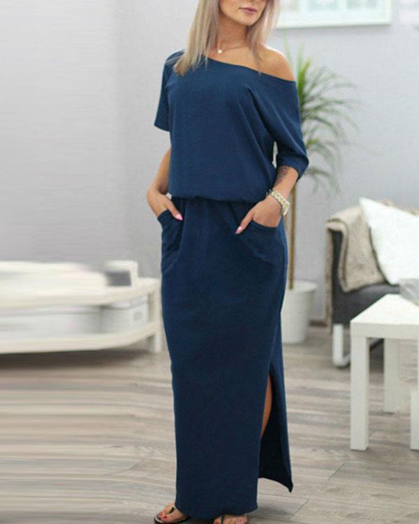 Women Side Slit Loose Evening Party Long Beach Dress with Pocket