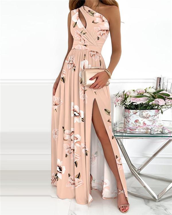 Floral Print High Slit Cutout Maxi Dress