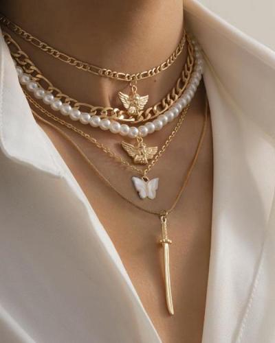 5PCS Butterfly & Angel & Katana Pendant Layered Necklace