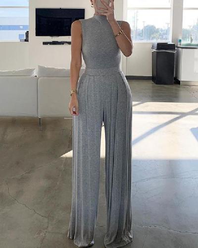 Simple Breathable Comfy Pleated Solid Wide Leg Jumpsuit