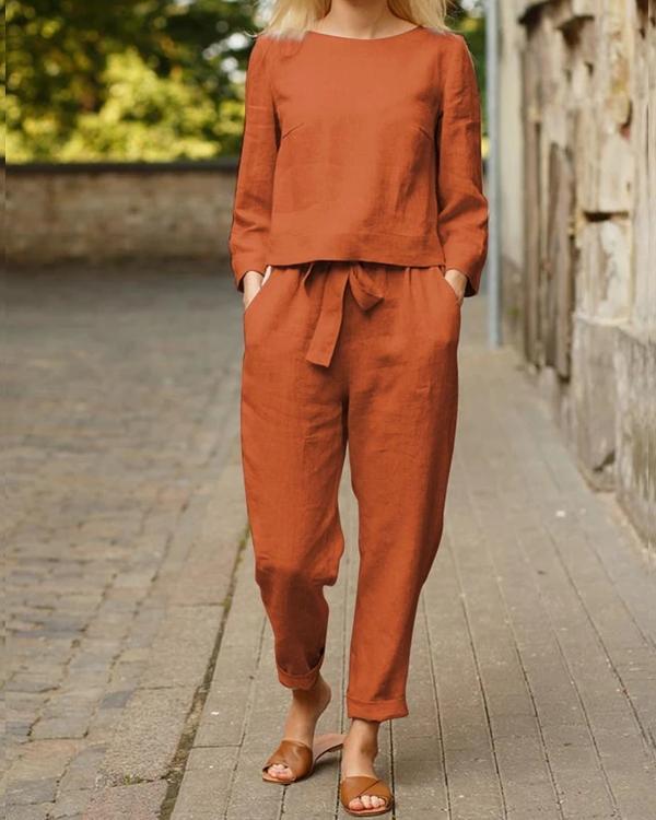 Autumn Solid Color Top And Tie Trousers Suit
